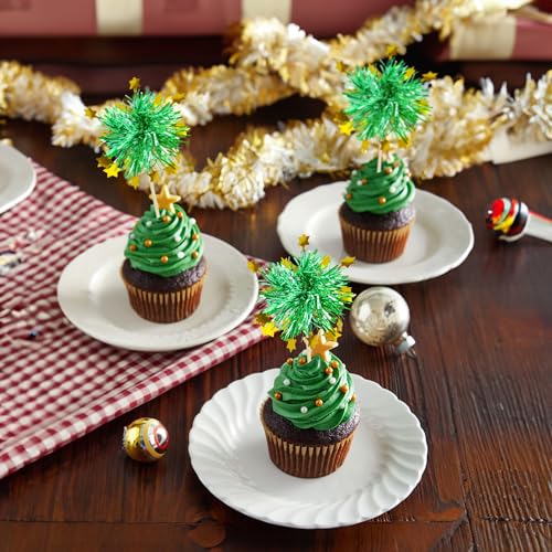 30Pcs Foil Firework Cupcake Toppers Happy Birthday Cake Toppers Tinsel Flower Drink Stirrers Cocktail Food Fruit Toothpicks for Valentine's Day Party Decorations Green (30 Count)
