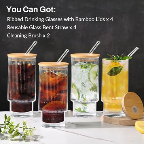 16OZ Ribbed Glass Cups with Lids and Straws