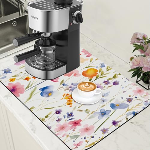 Watercolor Floral Meadow Coffee Mat Absorbent Dish Drying Mat for Kitchen Counter Hide Stain Rubber Backed Coffee Bar Accessories Fit Under Espresso Machine