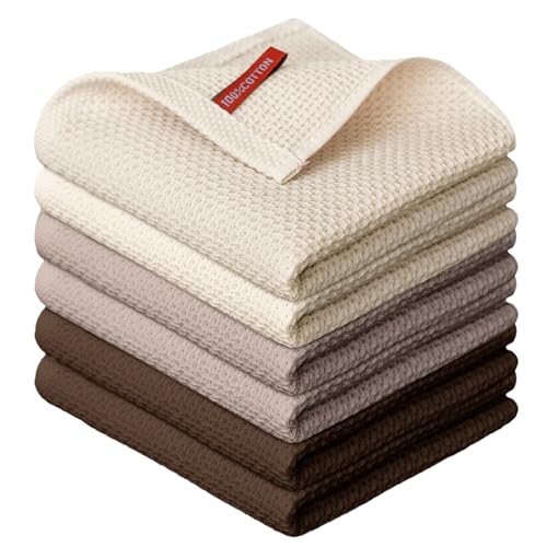 100% Cotton Beige Dark Coffee Brown Waffle Weave Kitchen Dish Cloths (6 Count)