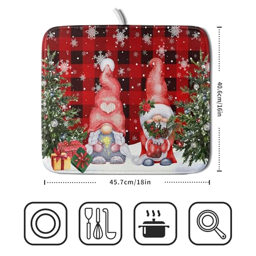 Winter Gnome Dish Drying Mat 16x18 inch Christmas Elf Trees Snowflakes Dish Drainer Mats Black Red Buffalo Plaids Fast Drying Absorbent Dish Drying Pad for Kitchen Countertop Holiday Decor