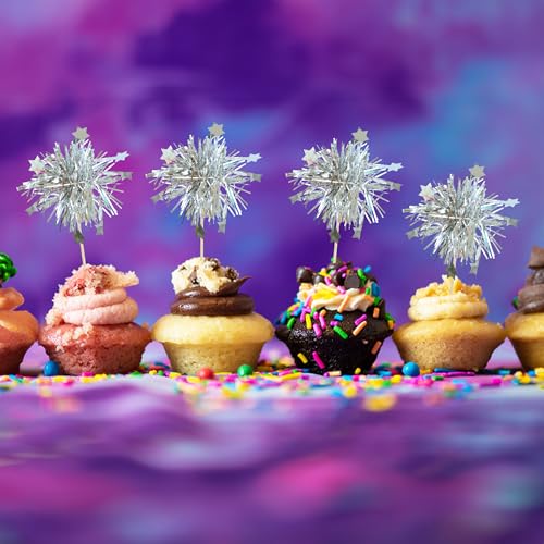 30Pcs Foil Firework Cupcake Toppers Sparkle Tinsel Star Cake Toppers Tinsel Drink Cake Decoration Cocktail Picks for Birthday Wedding Graduation Party Supplies Silver (30 Count)