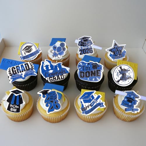 48Pcs Edible Graduation Cap 2026 Cupcake Toppers Wafer Paper Grad Cap Diploma Cake Decoration Picks for 2026 Grad Theme Party Cake Decor Supplies Black Blue (48 Count)
