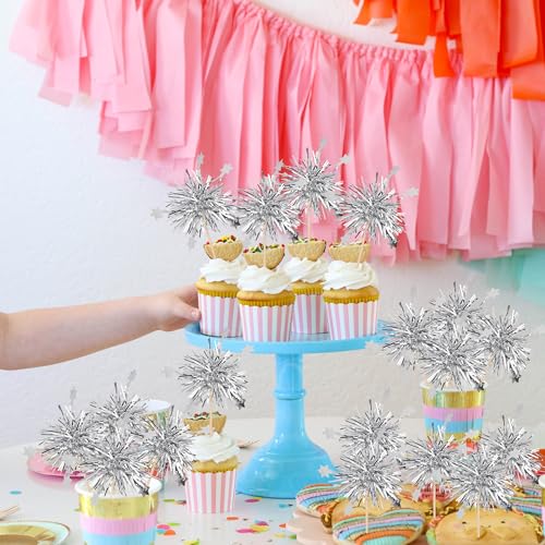 30 PCS Foil Firework Cupcake Toppers Star Cupcake Picks Sparkle Tinsel Flower Drink Stirrers Cocktail Food Fruit Toothpicks for Valentine's Day Birthday Party Cake Decorations Supplies Silver (30 Count)