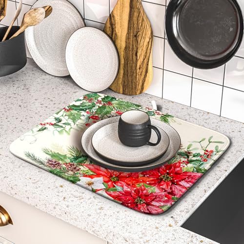 Poinsettia Dish Drying Mat for Countertop 16"x18" Christmas Red Floral Winter Holly Berries Flowers Dish Drainer Mats Microfiber Dish Drying Pad Protector for Kitchen Home Decor Small