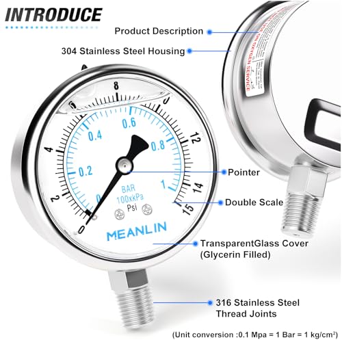 0~15Psi Liquid Filled Pressure Gauge Stainless Steel with 316 Stainless Steel Joint 1