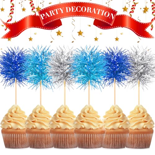 100 Pcs Foil Firework Cupcake Toppers Sparkle Tinsel Cake Toppers Cake Decoration Cocktail Fruit Toothpick for Birthday Wedding Graduation Party