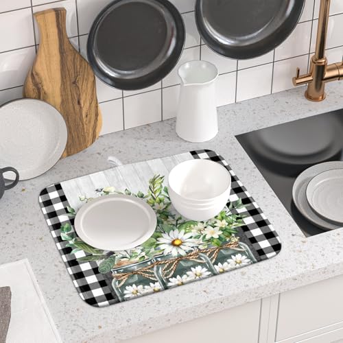 Spring Summer White Daisy Flowers Dish Drying Mat for Kitchen Counter Daisy Spring Flowers Dish Drying Mat 16x18 Inch Absorbent Reversible Microfiber Protector Drainer Mat Dishes Pad for Countertops