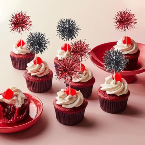 40 PCS Foil Firework Cupcake Toppers Sparkle Tinsel Cupcake Picks Fireworks Birthday Party Decorations Cocktail Fruit Toothpick for Birthday Wedding Graduation Party Decorations Supplies Black Red (40 Count)