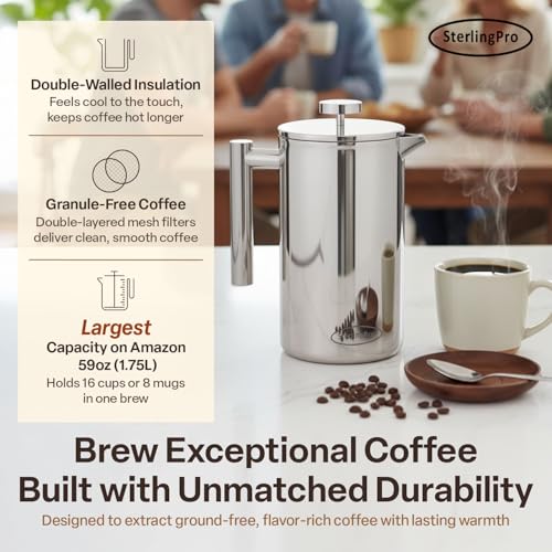 Non Toxic Extra Large Insulated Stainless Steel French Press Coffee Maker 59oz
