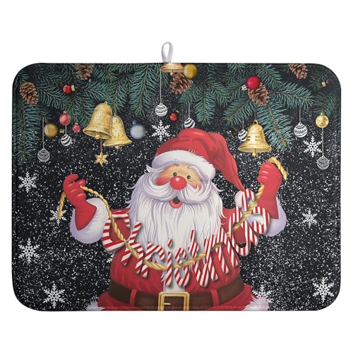 Christmas Santa Claus Dish Drying Mat Winter Drying Dish Mat for Kitchen Countertops Xmas Dish Dryer Mat Microfiber Dishes Drainer Pad Dish Drying Pad