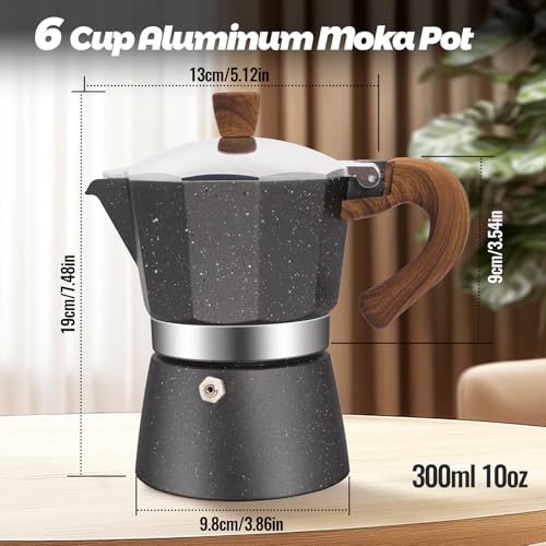 6 Cup Aluminum Moka Pot Classic Stovetop Espresso Coffee Maker 300ml 10oz Coffeemaker Percolator Mocha Pot Greca Coffee Maker Cafe Makers for Italian and Cuban Café Brewing Gray