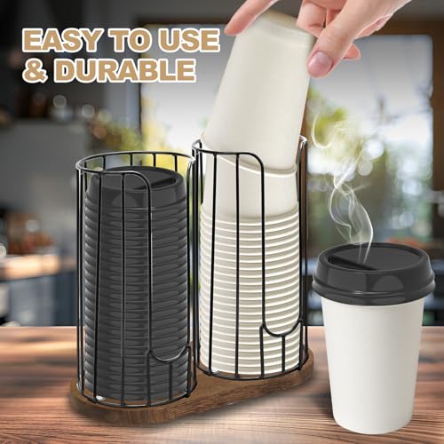 2 Compartment 18oz Coffee Cup Dispenser Rack with Wood Base