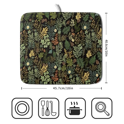 Black Green Botanical Dish Drying Mat for Kitchen Counter 16x18 Inch Super Absorbent Microfiber Kitchen Drying Mat Green Plant Fern Leaves Floral Dish Reusable Washable Dish Drying Pad for Coffee Bar