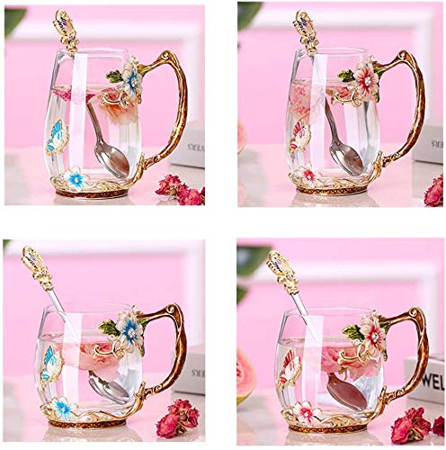 butterfly flower Glass Mug Tea Cup with Spoon Gifts For Women