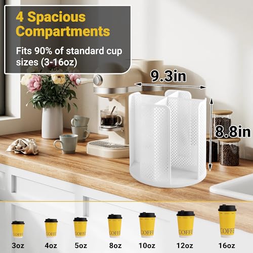 4 Compartment Rotating Paper Cup Holder & Coffee Cup Lid Storage Dispenser