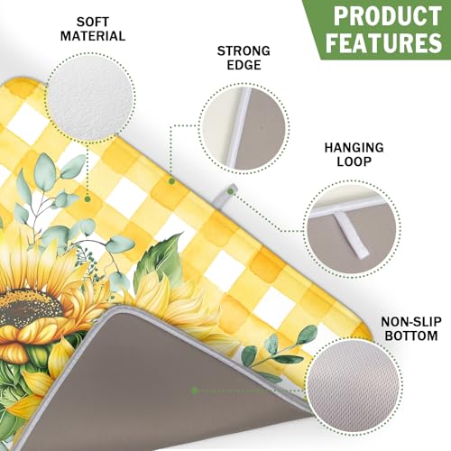 Sunflower Dish Drying Mat 16x18 Inch Absorbent Reversible Summer Sunflower Drying Mat Summer Plaid Dish Drying Rack Mat Yellow Summer Themed Dish Drainer Mat for Kitchen Counter Coffee Bar