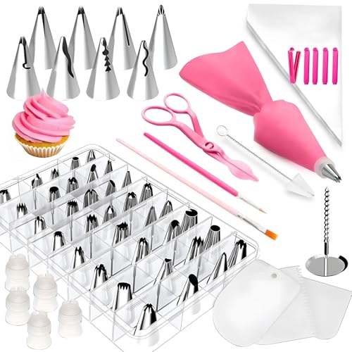 Cake Decorating Kit; 83 Pieces; Pink; Flower Opening; Silicone & Stainless Steel Piping Tips