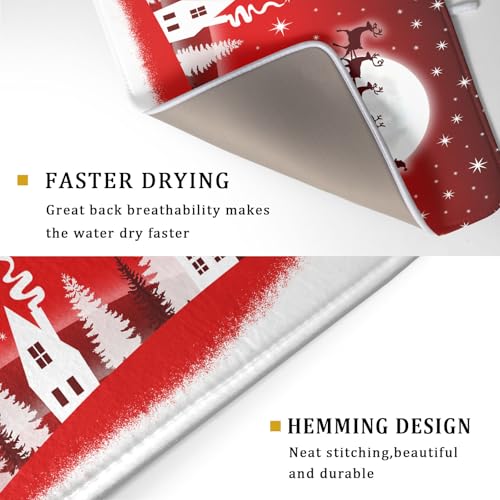 Christmas Reindeer Moon Star Red Dish Drying Mat for Kitchen Counter