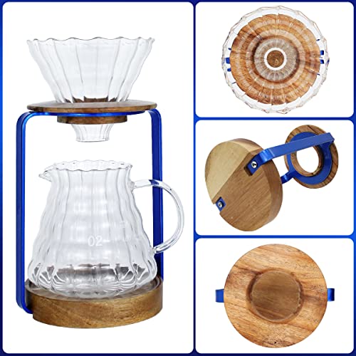 Pour Over Coffee Dripper Stand with Metal Stand Wooden Filter Holder Glass Server with Paper Coffee Filters