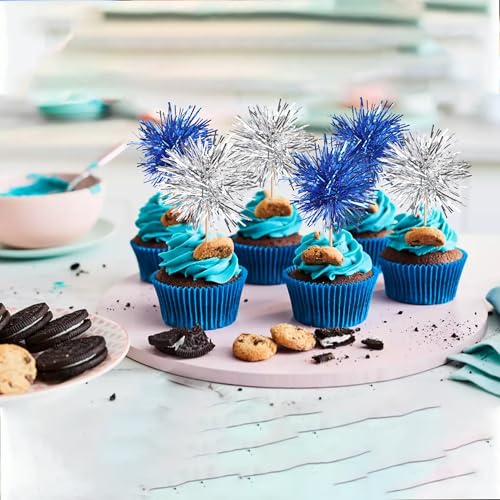 40 PCS Foil Firework Cupcake Toppers Sparkle Tinsel Cupcake Picks Fireworks Birthday Party Decorations Cocktail Fruit Toothpick for Birthday Wedding Graduation Party Decorations Supplies Silver Blue (40 Count)
