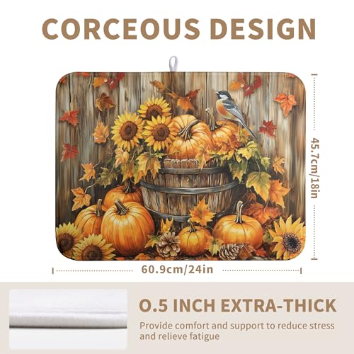 Fall Pumpkin Dish Drying Mat Autumn Maple Leaves Thanksgiving Large Kitchen Mats Dish Drying Pad Absorbent Dish Dryer Mat for Kitchen Countertops Microfiber Drainer Pad Dish Drying Mats