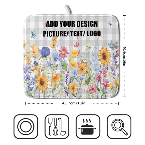 16"x18" Customized Dish Drying Mat Custom Image Dish Drainer Mats for Kitchen Personalized Photo Text Logo Microfiber Reversible Dish Drying Rack Pad for Countertop Tabletop Small Decor
