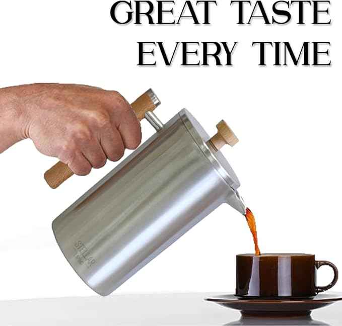 Stellar Living 34 OZ Stainless Steel French Press Coffee Maker with Double Vacuum Insulation, Maximum Flavor Coffee Brewer, Tea and Coffee Press, Camp Coffee Maker - Matte Silver with Wooden Handle