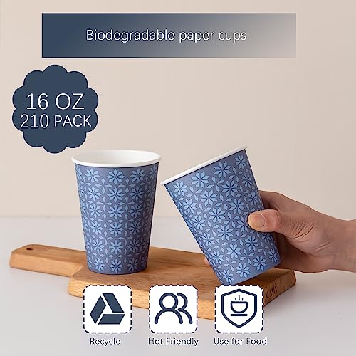 210 Pack Paper Cups 16 oz Bulk Disposable Coffee Cups Navy Floral (210 Count)