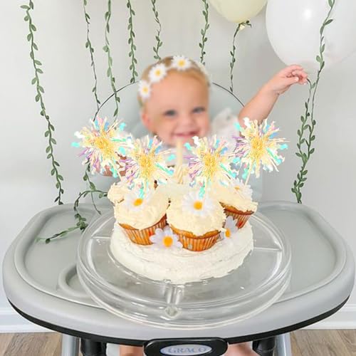 30 PCS Foil Firework Cupcake Toppers Sparkle Tinsel Cupcake Picks Happy Birthday Cake Decorations Drink Stirrers Cocktail Food Fruit Toothpicks for Baby Shower Graduation Party Supplies Yellow (30 Count)