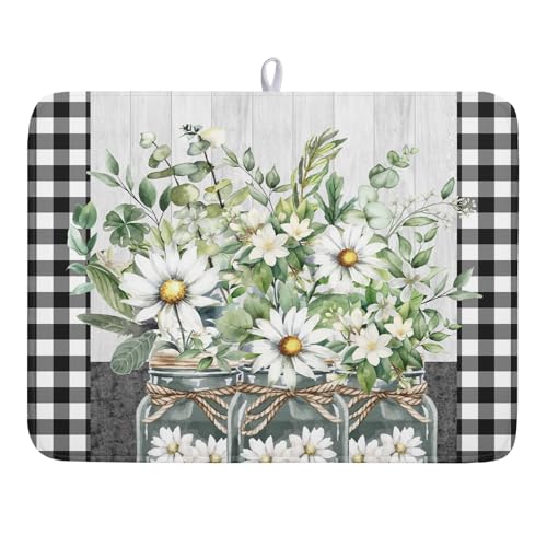Daisy Floral Dish Drying Mat for Kitchen Counter Watercolor Flowers Absorbent Dishes Drainer Rack Mat 18x24 Inch Microfiber Dish Drying Pads Spring Kitchen Drying Dishes Pad Countertops