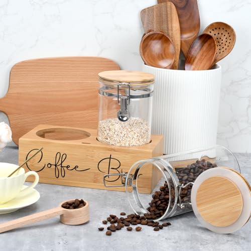 Glass Coffee Canister Set with Bamboo Shelf & Spoon
