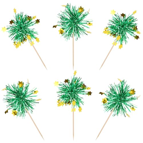 30 PCS Foil Firework Cupcake Toppers Happy Birthday Star Cupcake Picks Sparkle Tinsel Drink Stirrers Cocktail Fruit Toothpicks for Valentine's Day Wedding Birthday Party Decorations Supplies Green (30 Count)