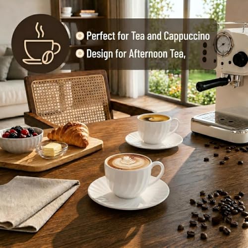 Fine Bone China Cappuccino Cups with Saucers Set of 2 (2 Count)
