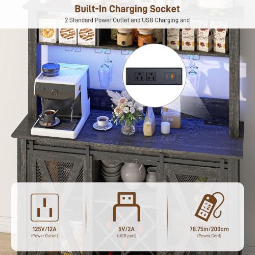 47"Wide 56"H Farmhouse Coffee Bar Cabinet with Power Outlet and LED Light