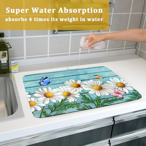 Daisy Dish Drying Mat for Kitchen Counter 18”x24” Rustic Daisy Absorbent Dish Drying Mat Reversible Microfiber Dish Drainer Rack Fast Drying Mat for Countertops Tableware Decor