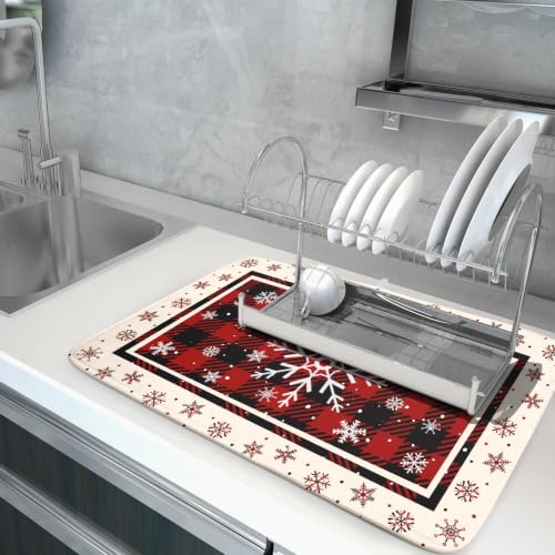 18"x24" Christmas Snowflakes Dish Drying Mat Xmas Red Black Buffalo Plaids Winter Snow Dish Drainer Mats Microfiber Reversible Dish Drying Rack Pad for Kitchen Countertop Tabletop Decor
