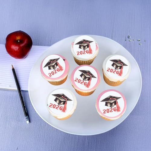 48Pcs Edible 2026 Graduation Cap Cupcake Toppers Wafer Paper Class of 2026 Grad Cap Cupcake Picks for 2026 Graduation Theme Party Cake Decorations Supplies Red (48 Count)