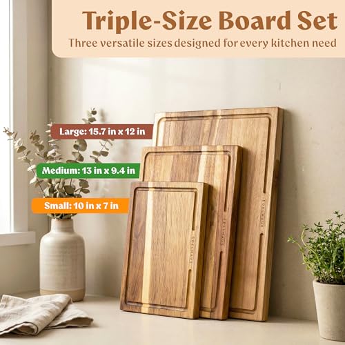 Acacia Wood Cutting Boards for Kitchen Set of 3 (3 Count)