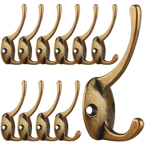 12 Pack Antique Brass Double Coat Hooks Wall Mounted with 24 Screws (12 Count)
