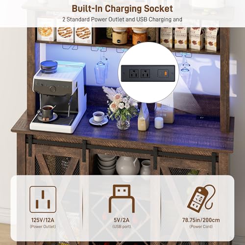 47"Wide 56"H Farmhouse Coffee Bar Cabinet with Power Outlet and LED Light