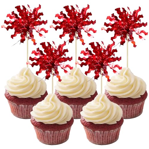 30Pcs Foil Firework Cupcake Toppers Sparkle Tinsel Cake Toppers Tinsel Drink Cake Decoration Cocktail Picks for Birthday Wedding Graduation Party Supplies Red (30 Count)