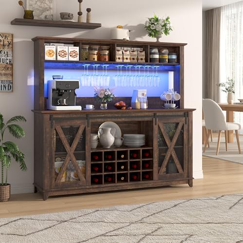 63"Wide 58"H Farmhouse Coffee Bar Cabinet with Power Outlet and LED Light