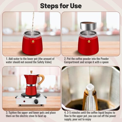 12 Cup Aluminum Moka Pot Classic Stovetop Espresso Coffee Maker 600ml 20oz Coffeemaker Percolator Mocha Pot Greca Coffee Maker Cafe Makers for Italian and Cuban Café Brewing Red