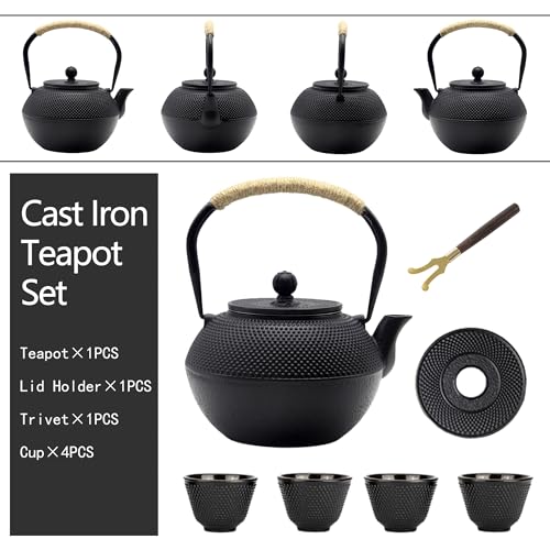 40.6oz Black Cast Iron Tea Pot Set with Teacups