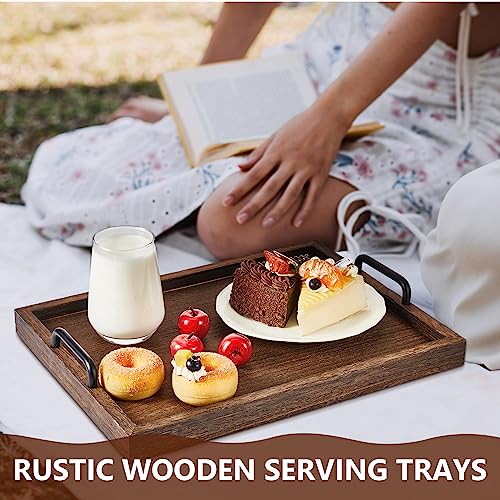 4 Pcs Large Wooden Serving Tray Decorative 15.8 x 11.8 x 1.2 in Ottomantray Rustic with Handle Coffee Table Wood Tray Kitchen Platter for Christmas Thanksgiving Party Gift Breakfast Wedding (4 Count)