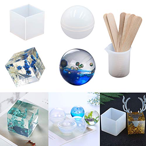 18Pcs DIY Silicone Resin Casting Molds Tools Set Includes 6 Resin Casting Molds Large Clear Silicone Molds 2 Measurement Cup 10 Wood Sticks for DIY Home Decoration