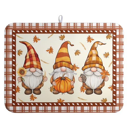 Fall Pumpkin Gnomes Dish Drying Mat Maple Leaves Autumn Large Kitchen Mats Dish Drying Pad Absorbent Dish Dryer Mat for Kitchen Countertops Microfiber Drainer Pad Dish Drying Mats