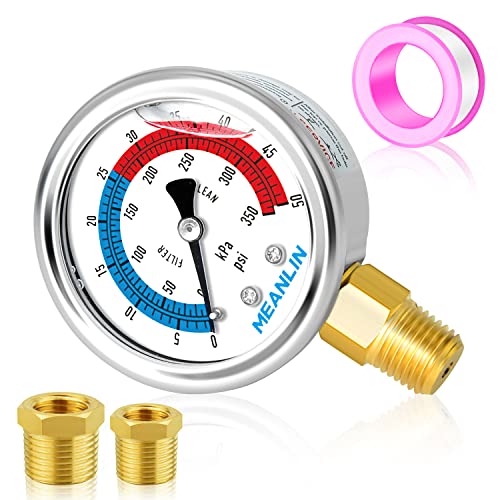 1/4" NPT 0-50psi Pressure Gauge, 2" Dial Glycerine Filled Pool Filter, 304 Stainless Steel Housing, Lower Mount, with 1/2" NPT and 3/8" NPT Hex Bushing