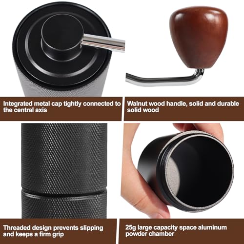 Manual Coffee Grinder Gift Box Detachable Stainless Steel Conical Burr Aluminum Coffee Bean Grinder with 25 Grinding Settings Cleaning Brush Grindable Espresso Moka Pot for Camping Black